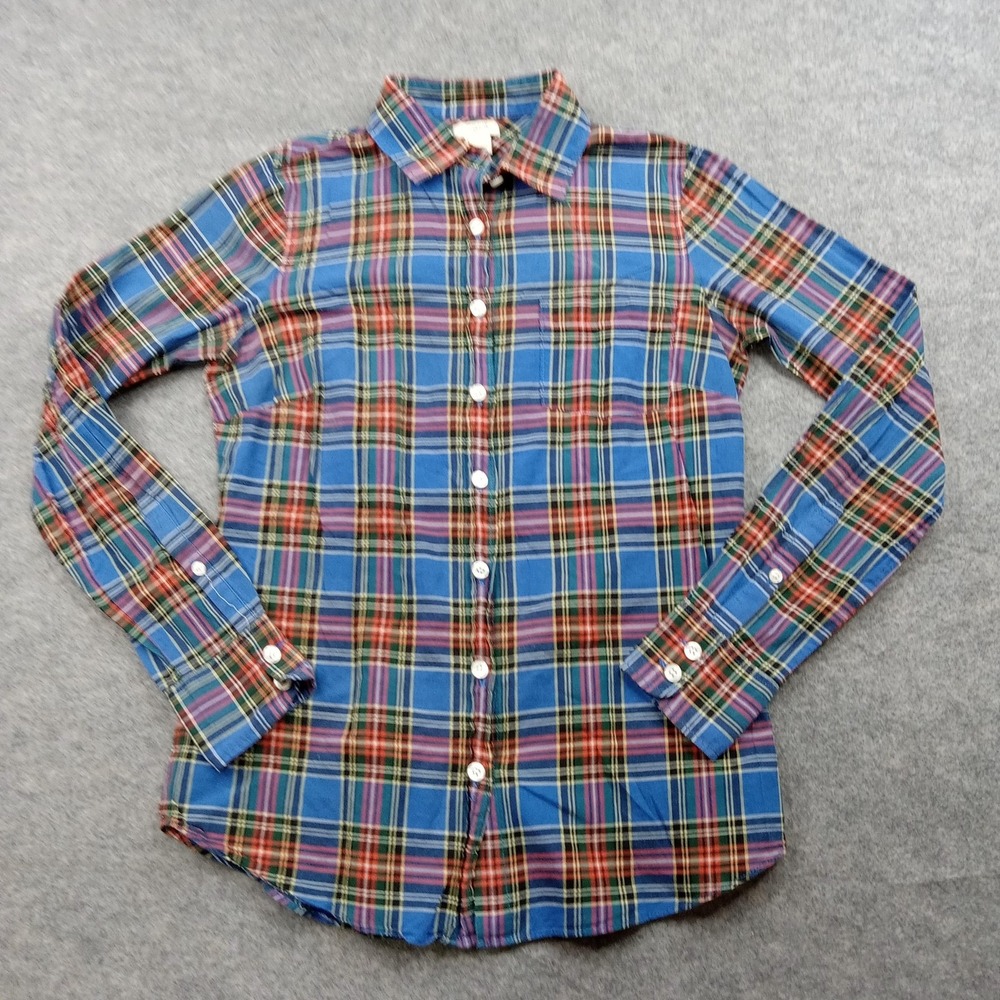 J Crew Shirt Womens XXS Blue Plaid Button Down 100% Cotton Long Sleeve Casual